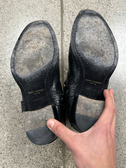 Saint Laurent Croc Print Black Leather Wyatt Harness Boots