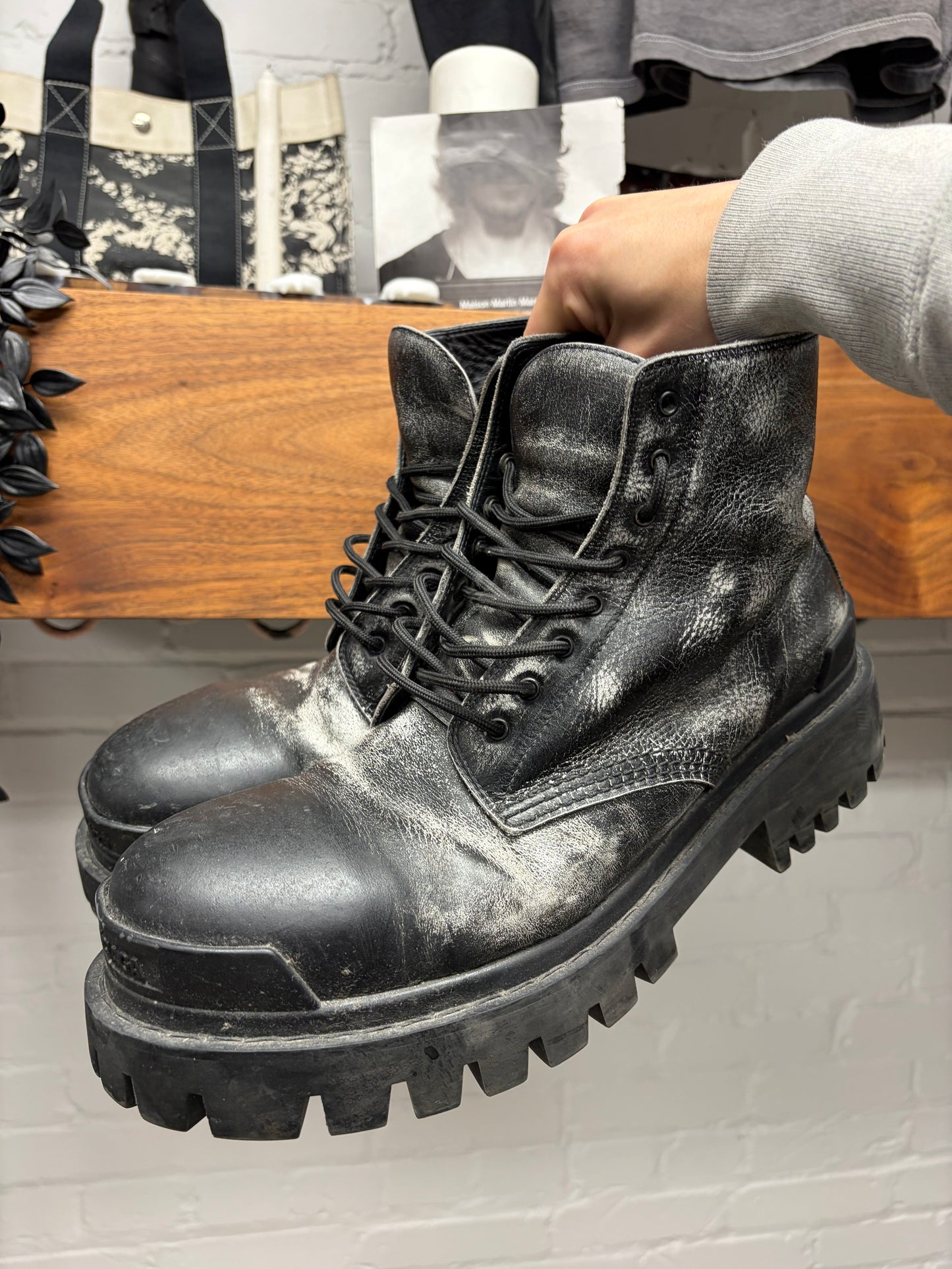 Balenciaga Distressed Black Leather ‘Strike’ Combat Boots