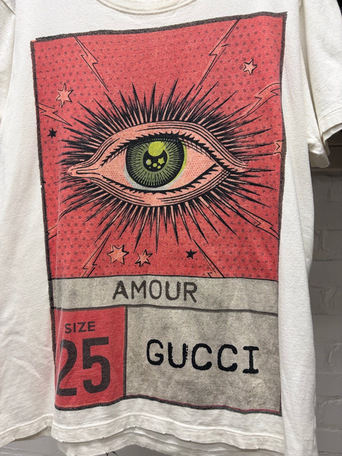 2018 Gucci ‘Amour’ Eye Graphic Red/Cream Distressed Cotton T-Shirt