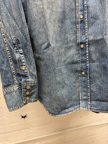 2016 Saint Laurent by Hedi Slimane ‘Cutoff Collar’ Denim Pearl Snap Button Shirt