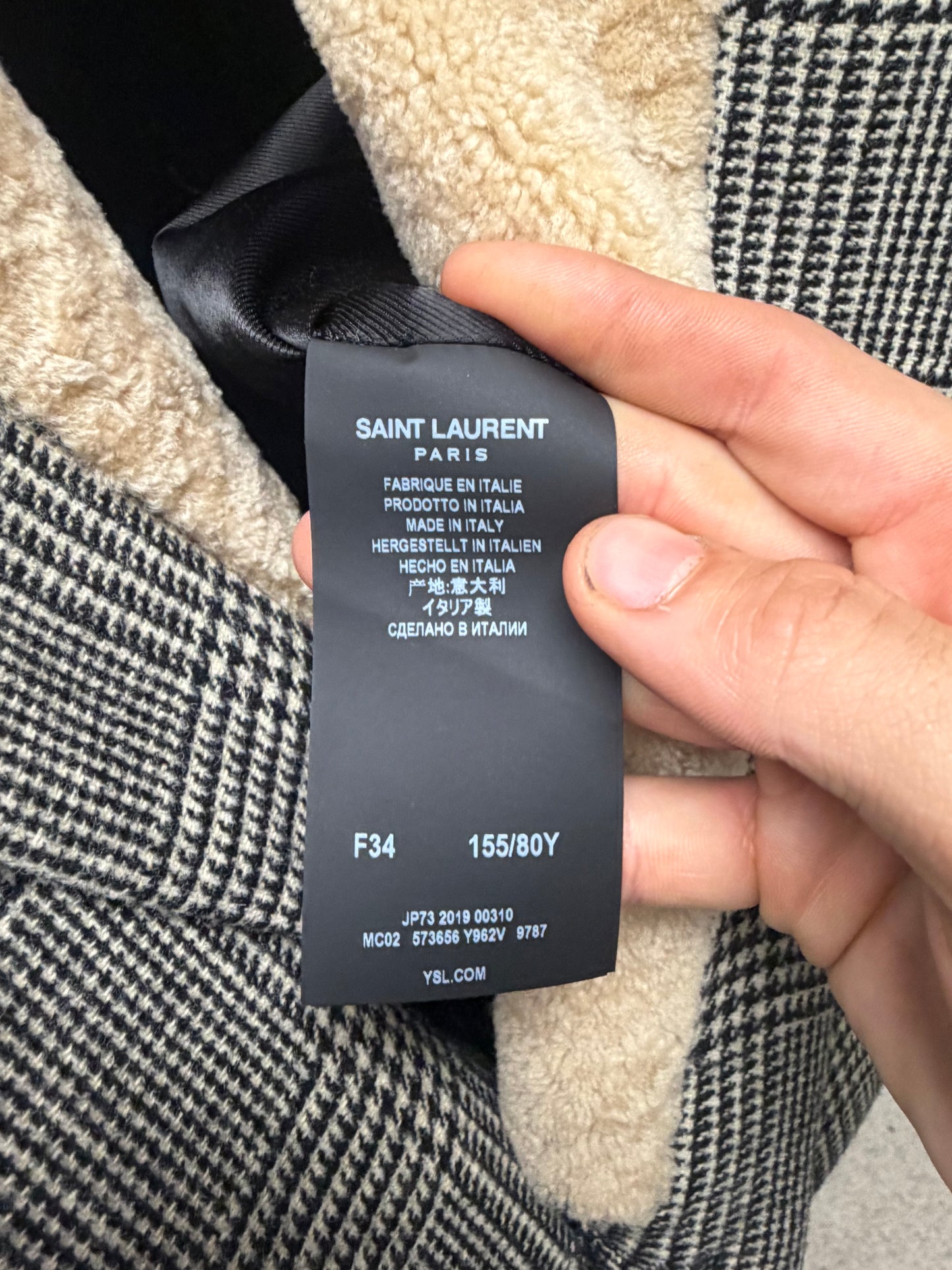 AW2019 Saint Laurent Houndstooth Cropped Coat with Shearling Trim Collar