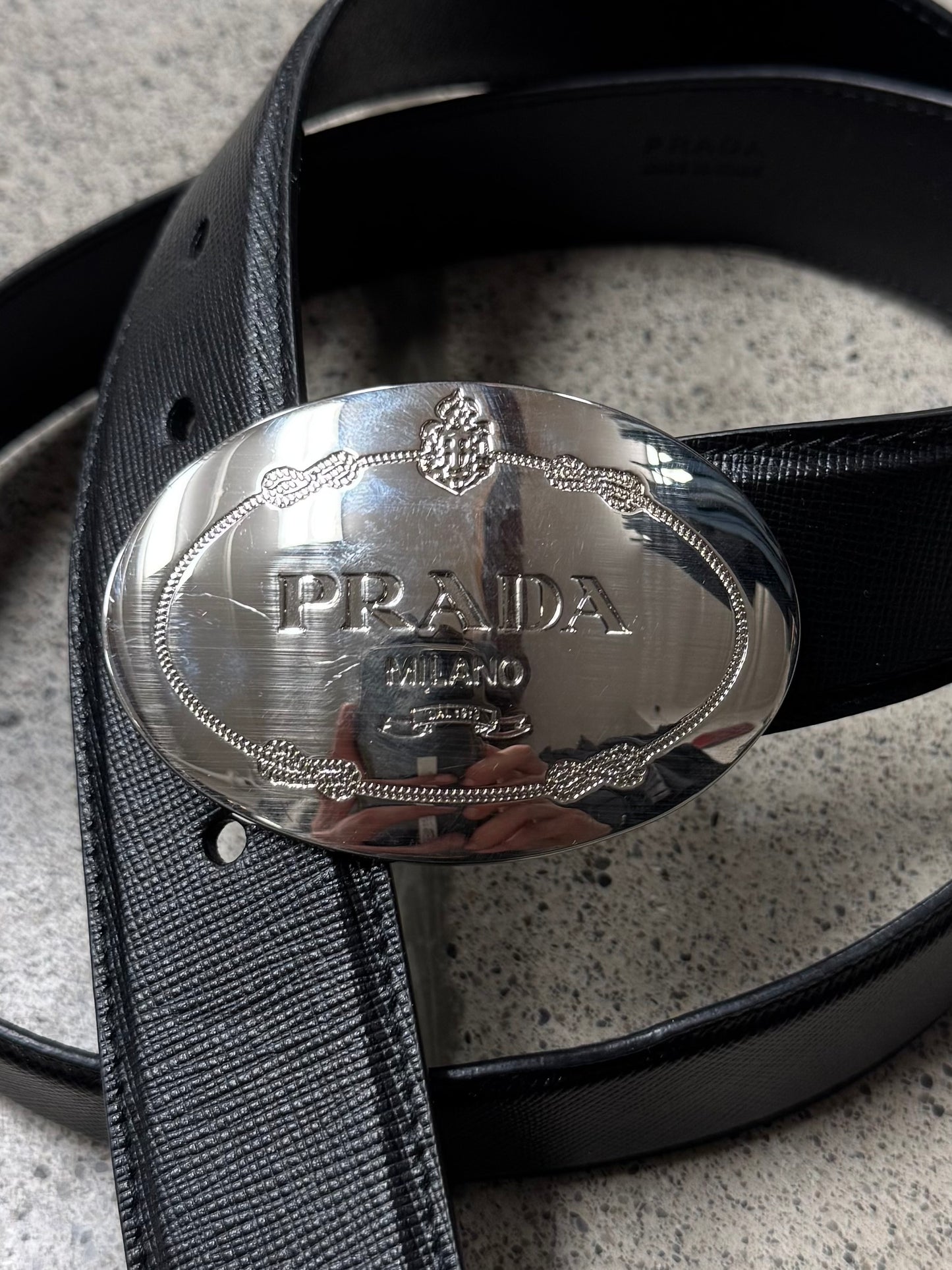 Prada ‘Saffiano’ Silver Buckle/Black Leather Belt