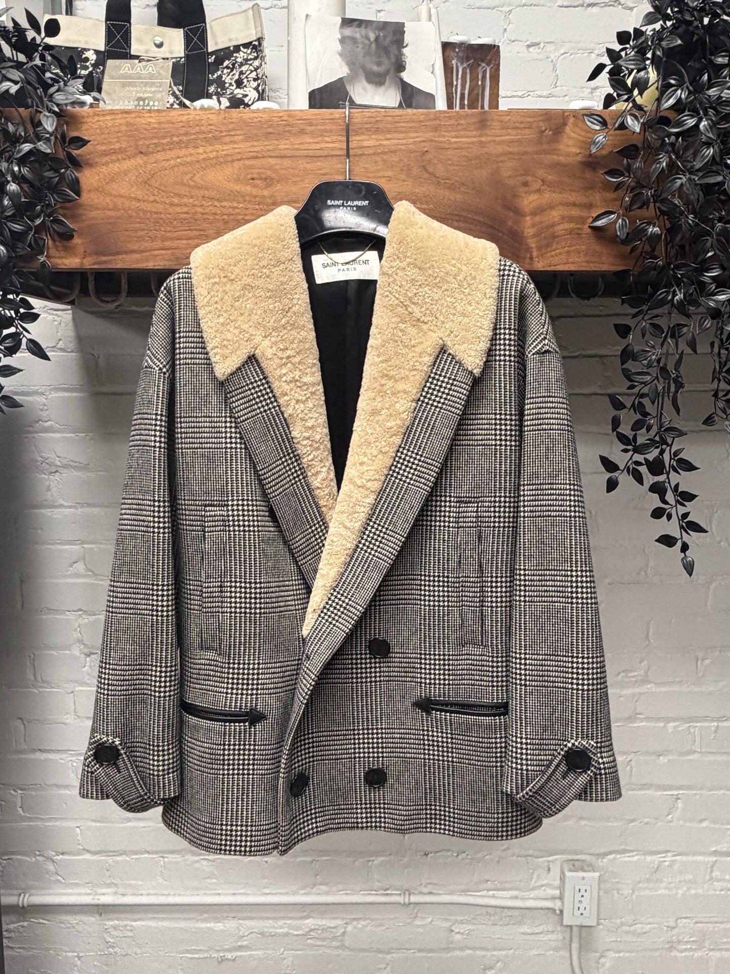 AW2019 Saint Laurent Houndstooth Cropped Coat with Shearling Trim Collar