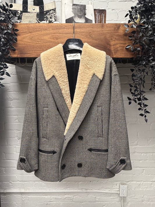 AW2019 Saint Laurent Houndstooth Cropped Coat with Shearling Trim Collar
