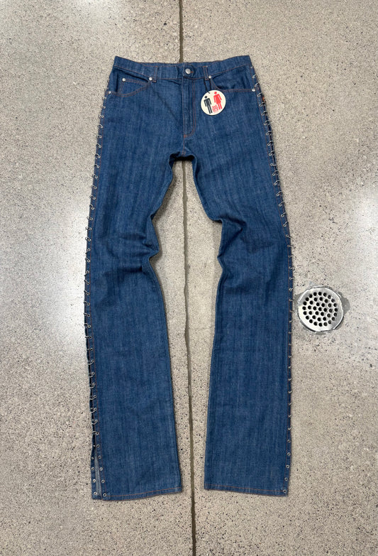AW2003 Jean Paul Gaultier ‘Chain Mail’ Piercing Blue Bootcut Denim