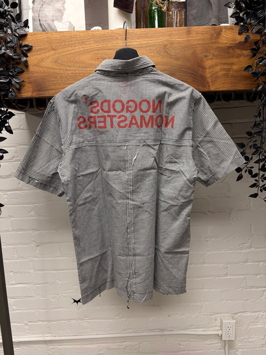 Undercover ‘No Gods No Masters’ Grey Pinstripe Short Sleeve Button Up Shirt