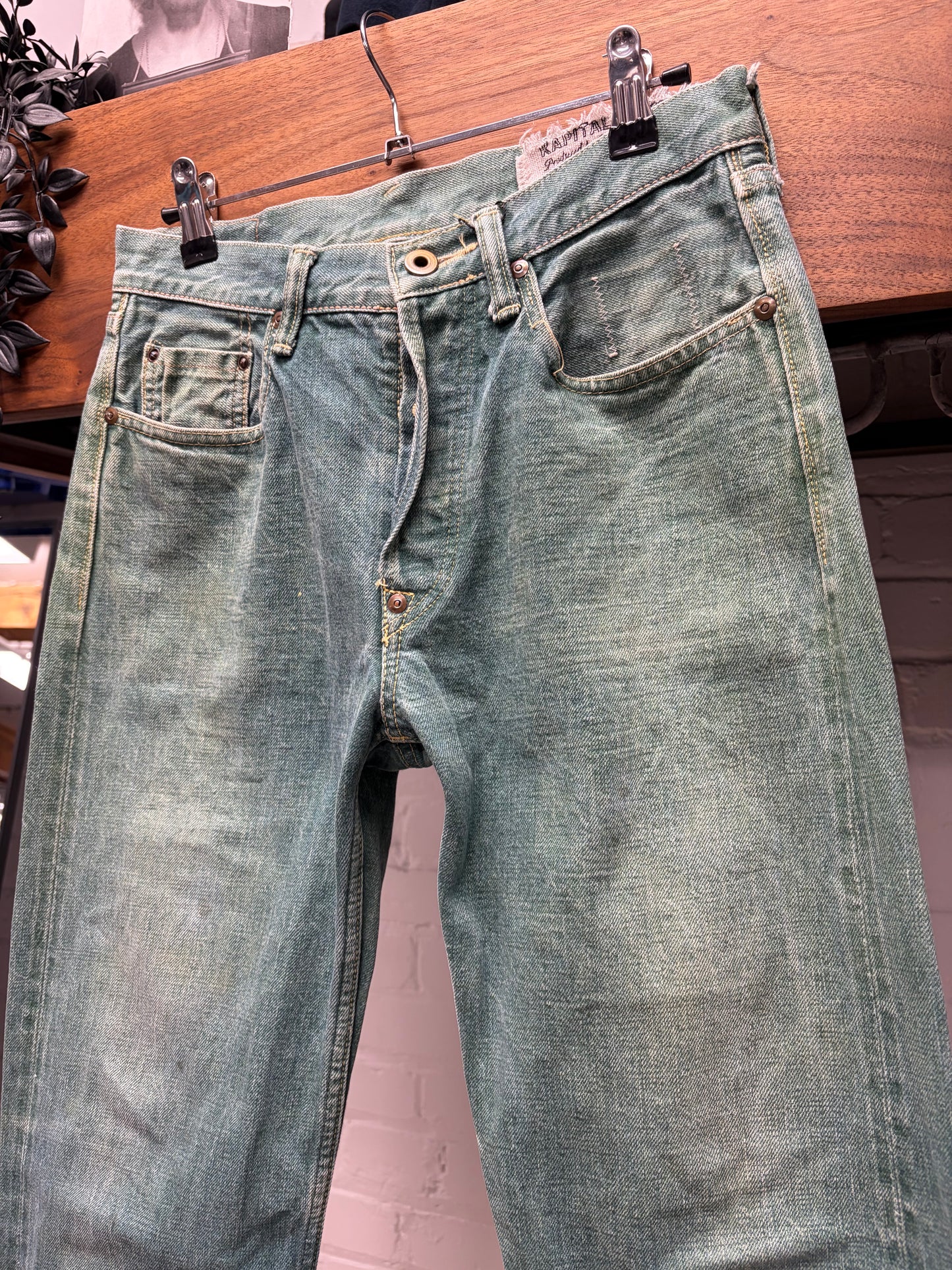 Kapital ‘Seafoam Green’ Buckle-Back Raw Bootcut Denim
