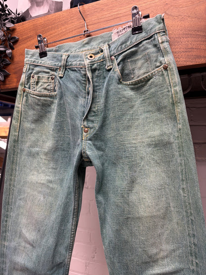 Kapital ‘Seafoam Green’ Buckle-Back Raw Bootcut Denim