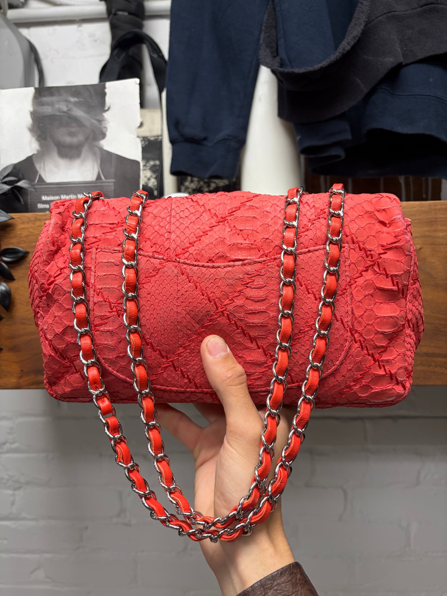 Chanel Red Python Leather Classic ‘Flap Bag’ with Silver Hardware