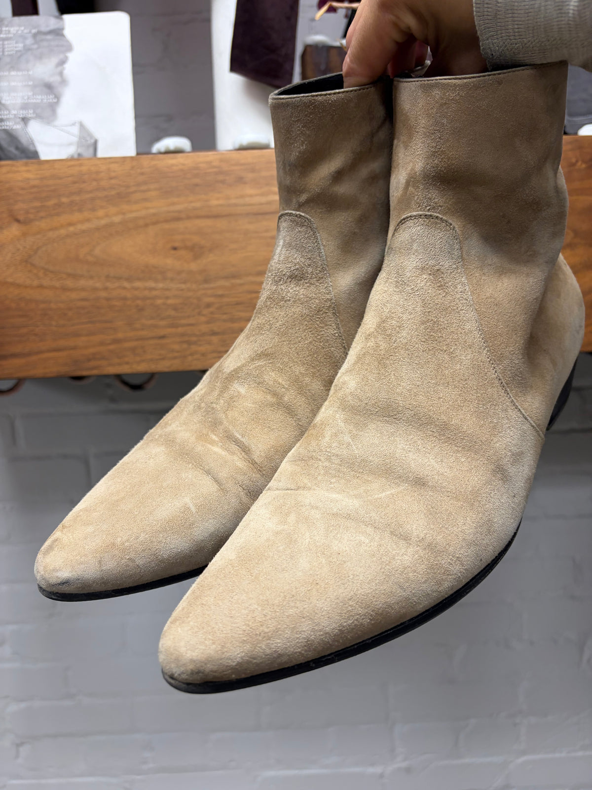 Saint Laurent by Anthony Vacarello Tan Suede Pointed Toe Chelsea Boots