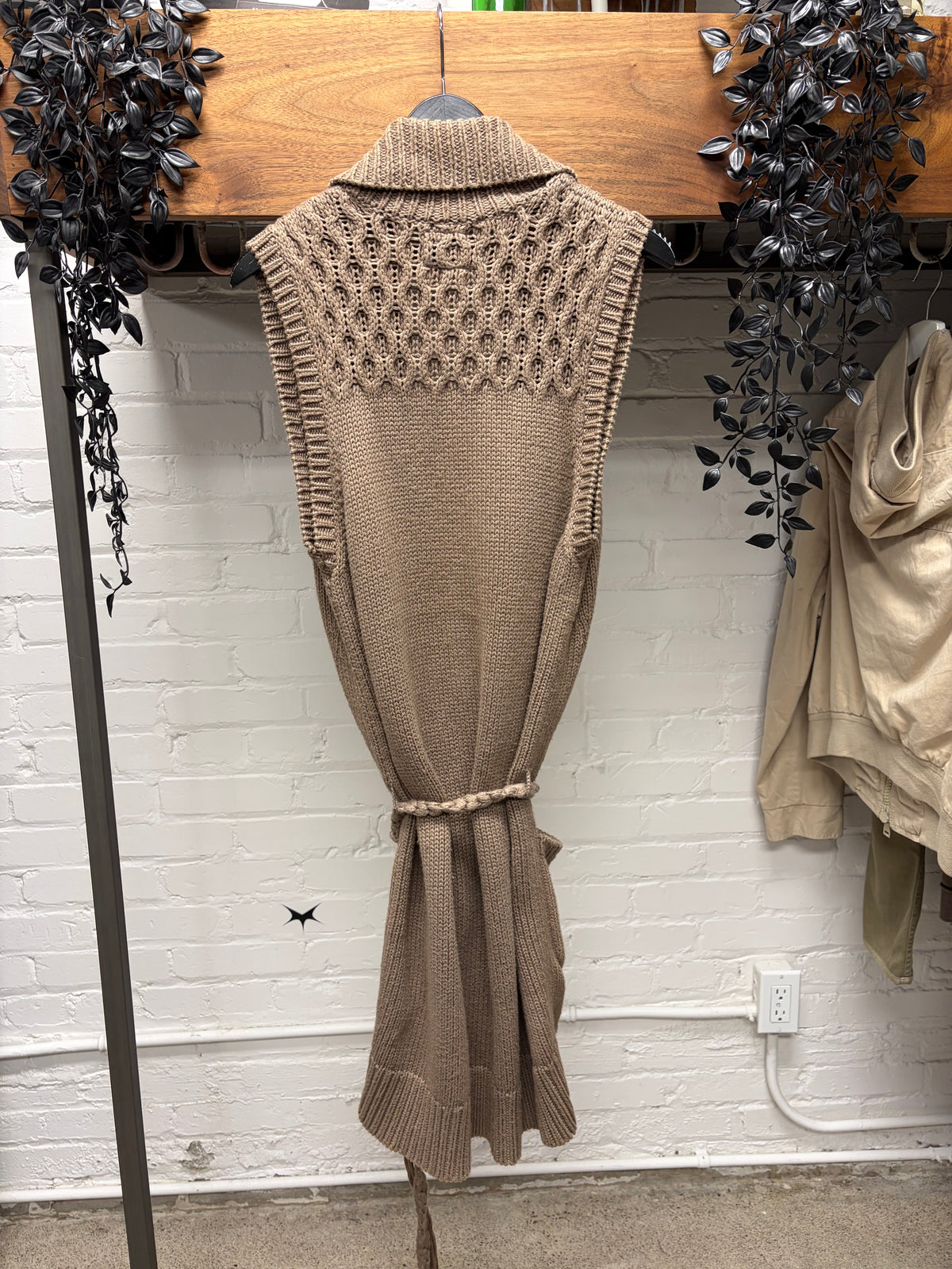 Number (N)ine ‘About a Boy’ Cable Knit Brown Sleeveless Robe with Rope Tie Waist Cinch