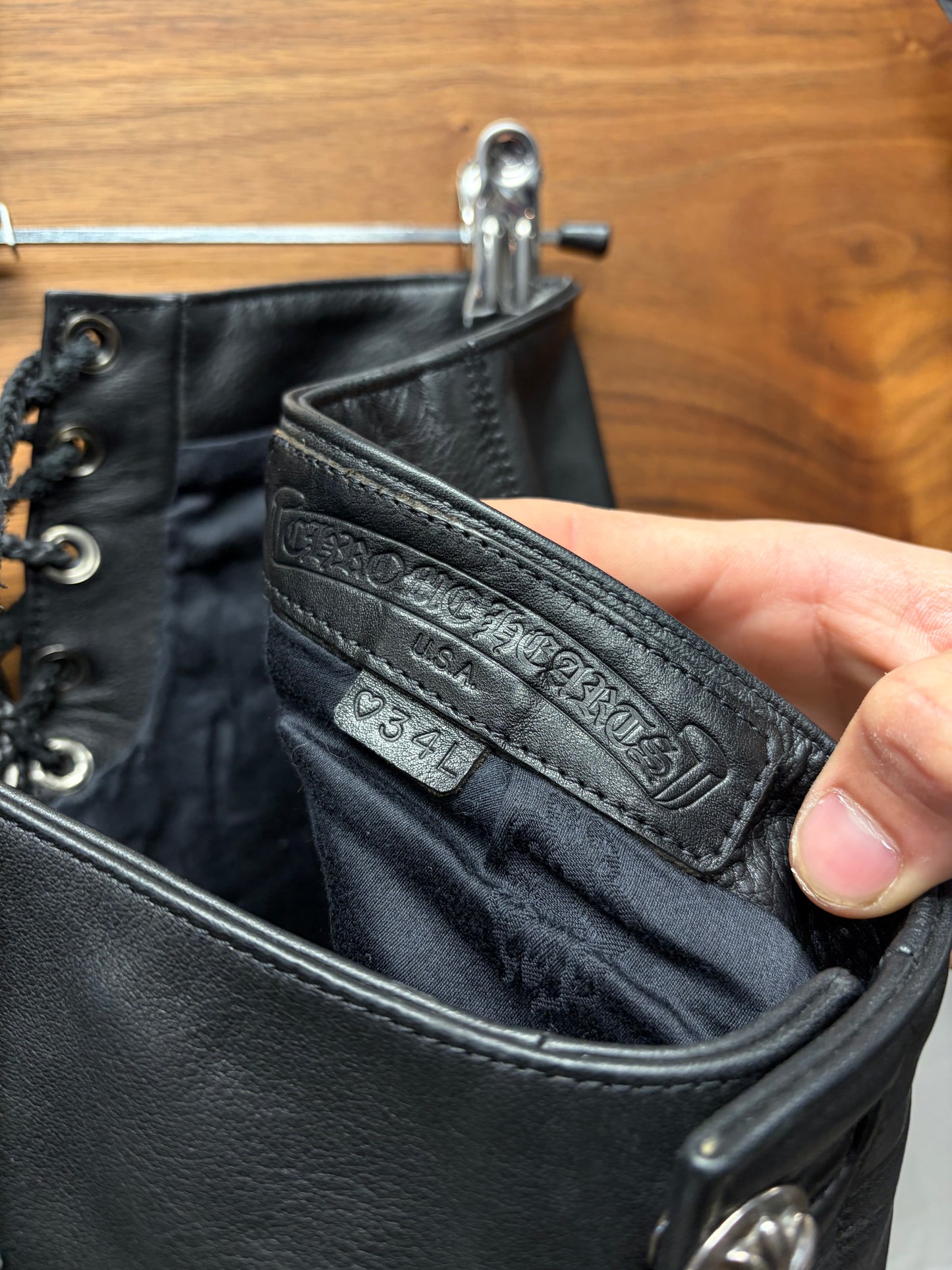 Chrome Hearts Black Leather Fleur Knee Pants with Lace Back Detailing