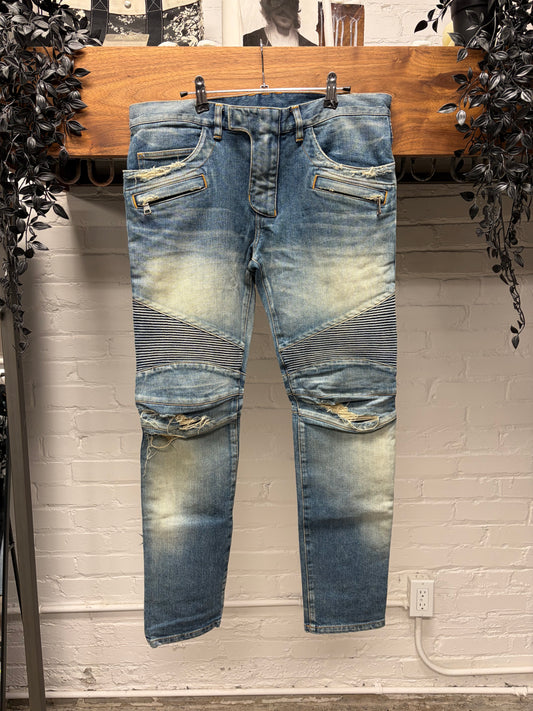2010s Balmain ‘Biker Knee’ Distressed Blue Skinny Jeans