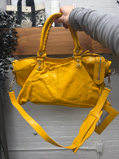 Balenciaga Yellow Lambskin Leather ‘City Bag’ with Silver Hardware and Crossbody Strap
