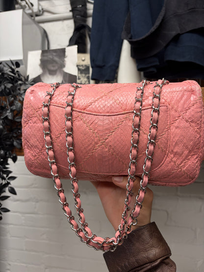 Chanel Pink Python Leather Classic ‘Flap Bag’ with Silver Hardware