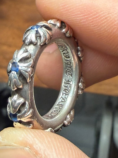 Chrome Hearts ‘Cross Band’ 925 Silver Ring with Factory Set Sapphire Stones