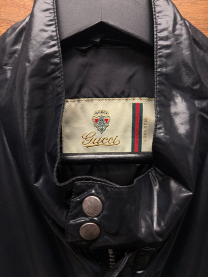 Gucci Waxed Black Vinyl Drivers Jacket with Striped Ribbing