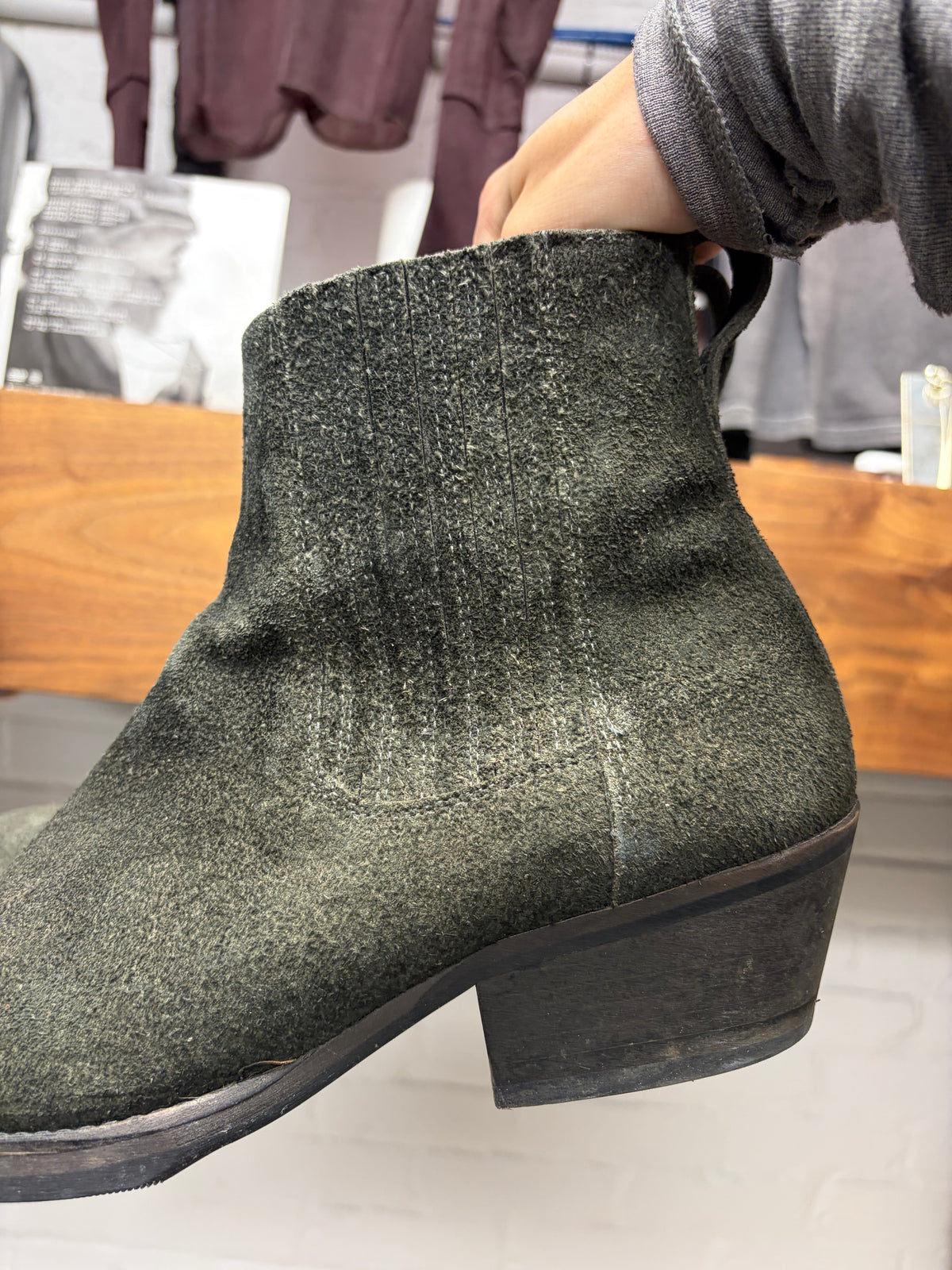 Our Legacy Charcoal Grey Suede ‘Cuban’ Pointed Toe Chelsea Boots