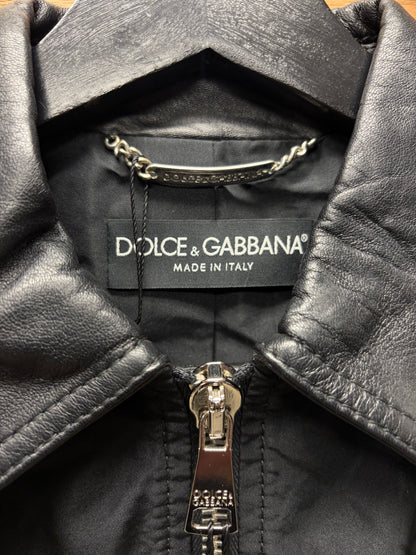 Dolce and Gabbana ‘Mainline’ Black Hybrid Shell Cropped Jacket with Lambskin Accents