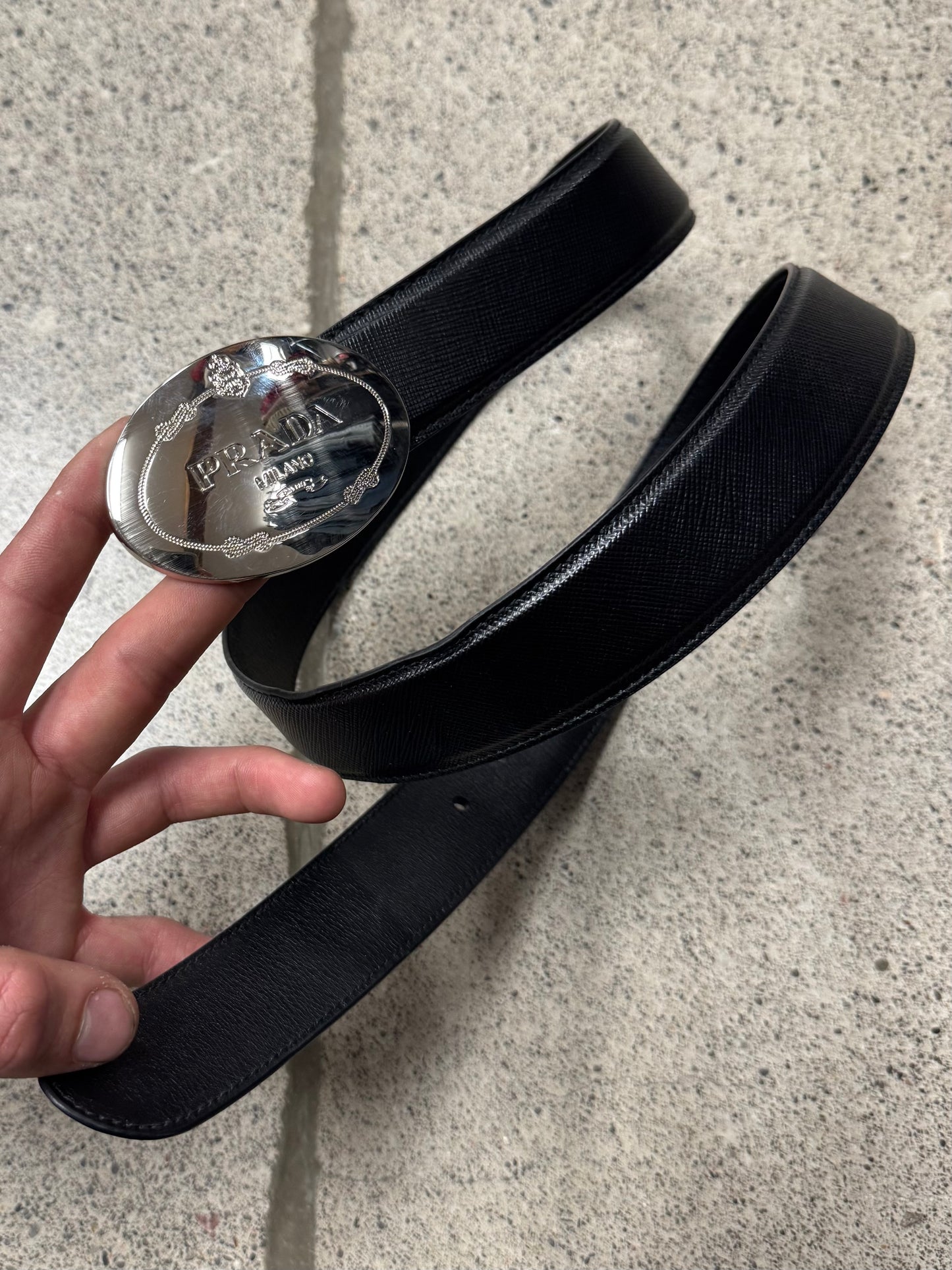 Prada ‘Saffiano’ Silver Buckle/Black Leather Belt