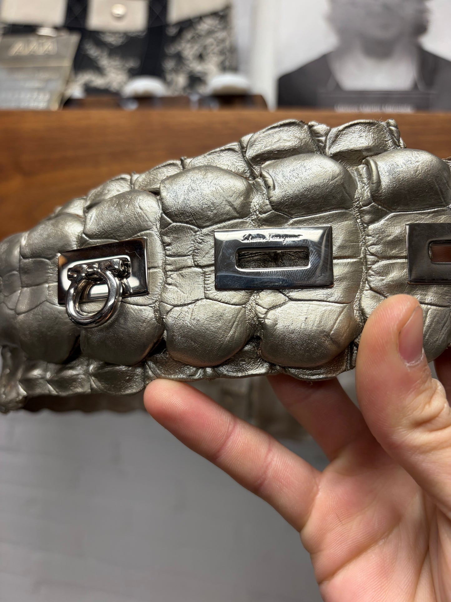 Ferragamo Genuine Crocodile Leather Silver Coated Belt