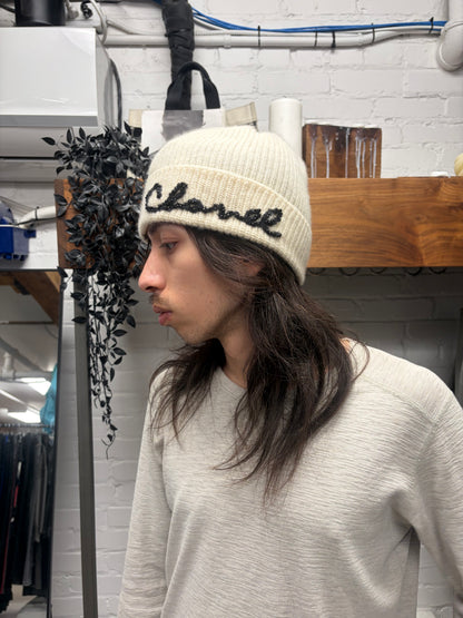 Chanel 100% Cashmere/Resin Pearl Cream ‘Cursive Logo’ Ribbed Knit Beanie