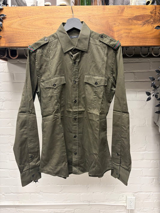 Gucci Military Inspired Button Snap Shirt with Stripe Branded Shoulder Epaulettes