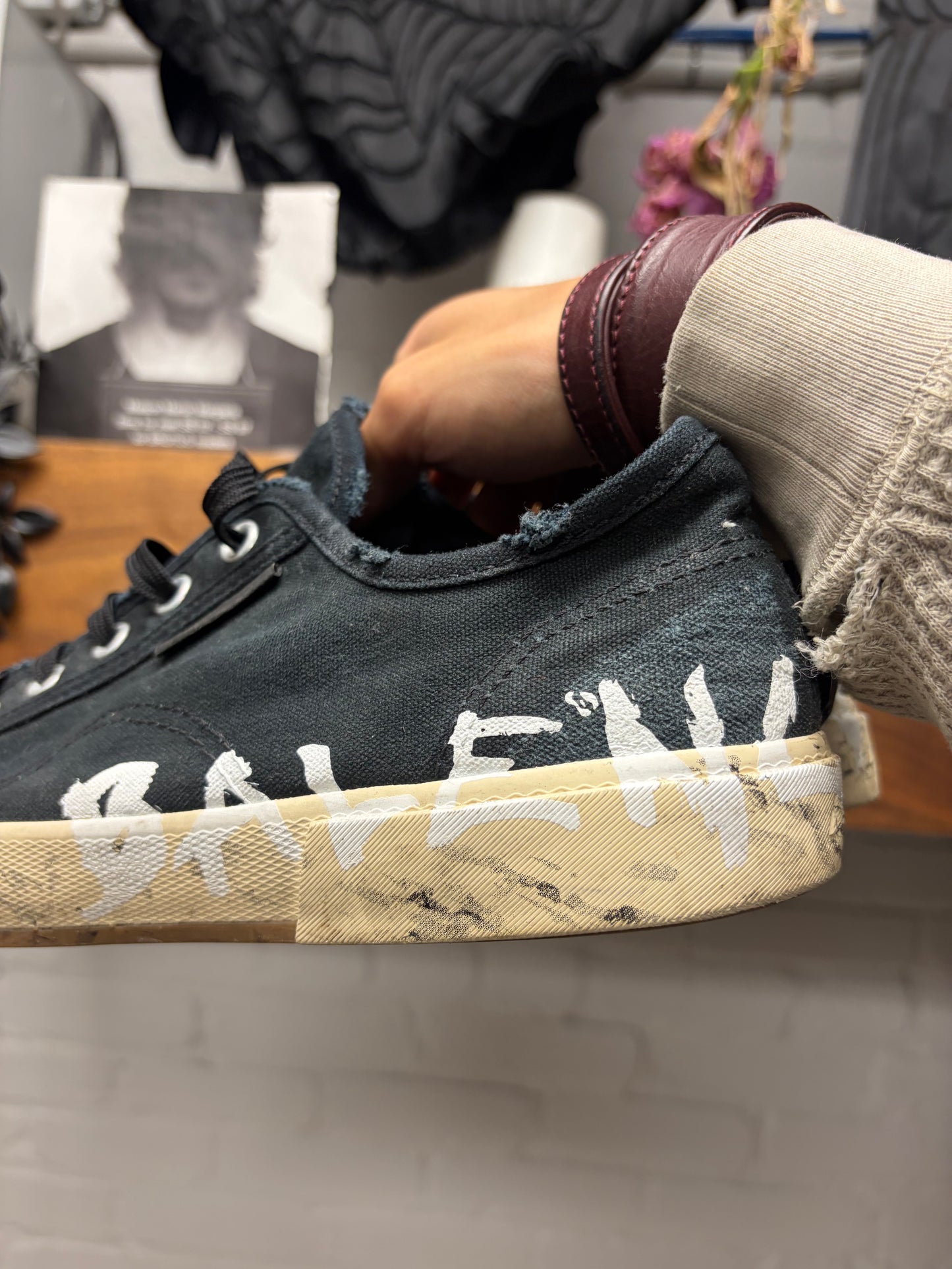 Balenciaga ‘Paris’ Graffiti Black Distressed Canvas Low Top Sneakers