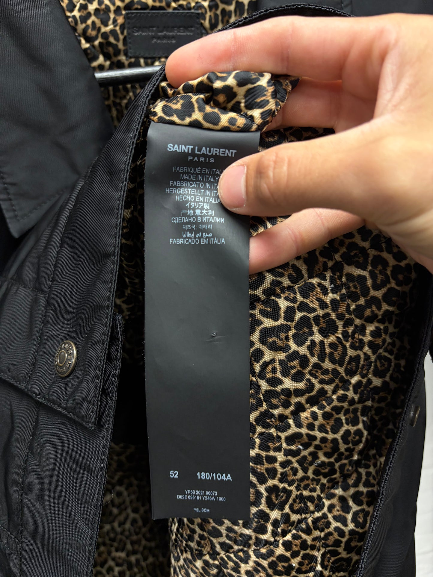 2021 Saint Laurent ‘Babycat’ Leopard Print Lined Black Trucker Jacket