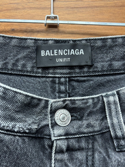 2020 Balenciaga Over Knee Length Distressed Grey Raw Hem Denim Shorts