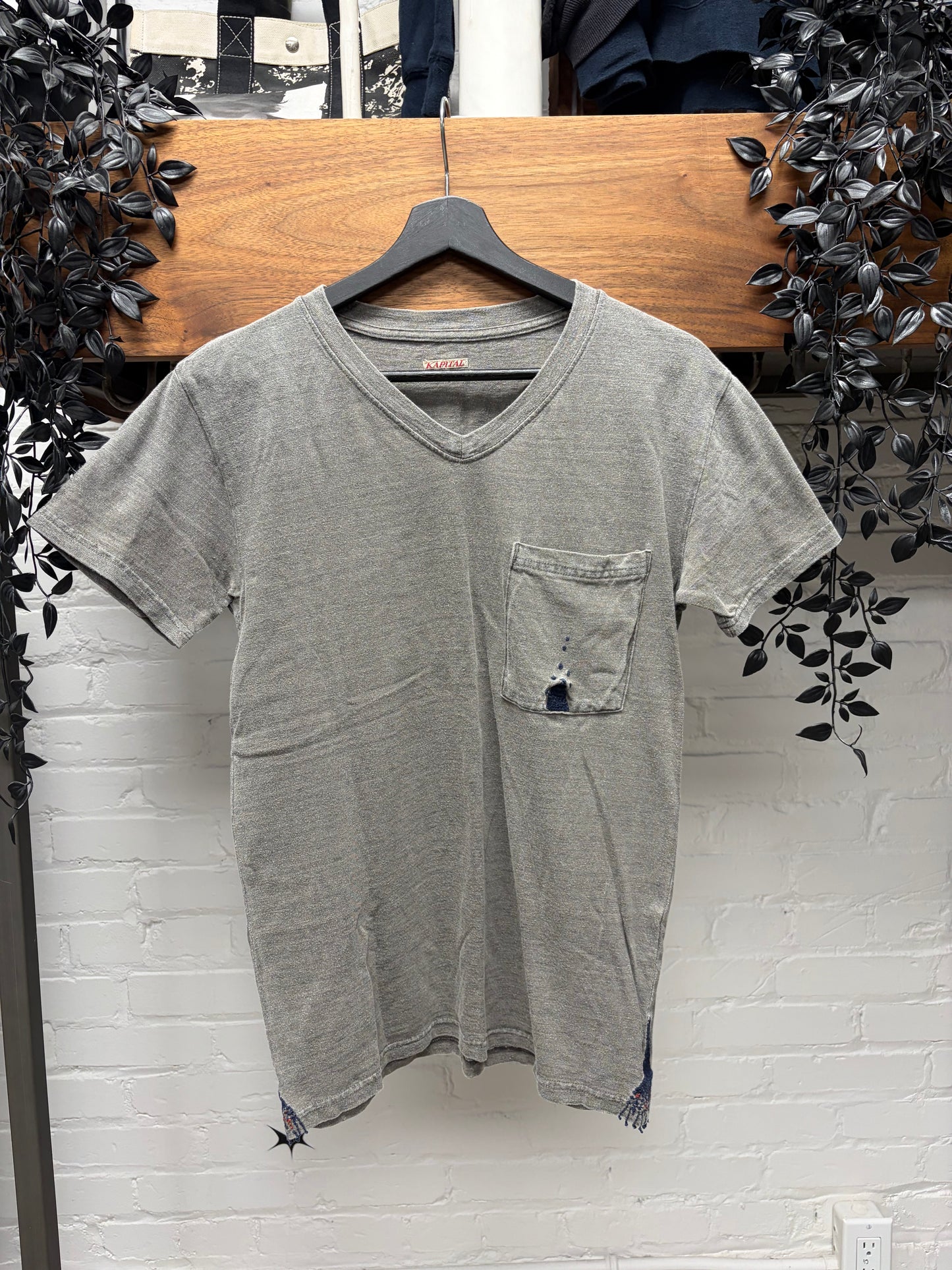 Kapital Stone Washed Grey Cotton V-Neck Shirt with Sashiko Repairs