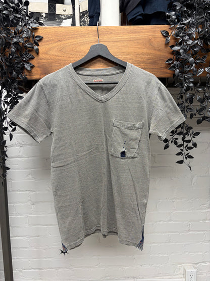 Kapital Stone Washed Grey Cotton V-Neck Shirt with Sashiko Repairs