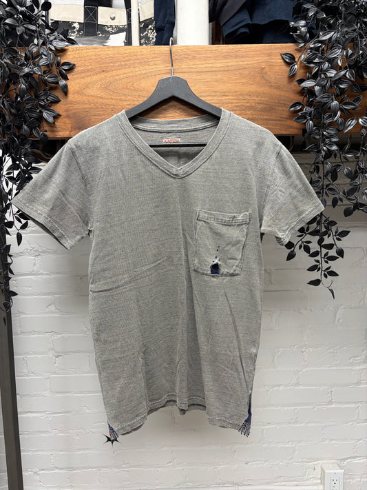 Kapital Stone Washed Grey Cotton V-Neck Shirt with Sashiko Repairs