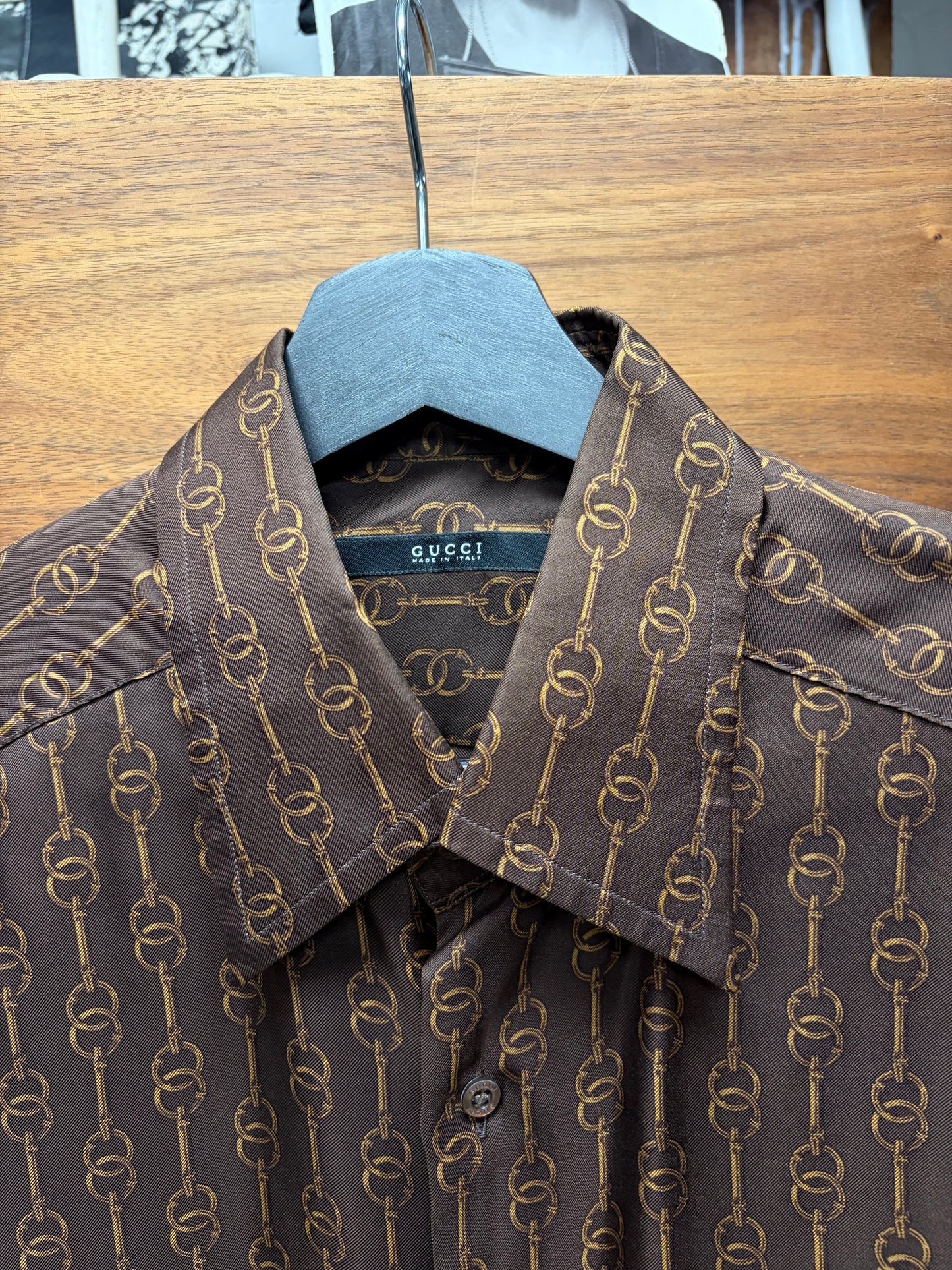 Vintage Gucci ‘Horsebit Pattern’ Brown/Gold Silk Button Up Shirt