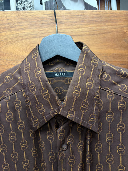 Vintage Gucci ‘Horsebit Pattern’ Brown/Gold Silk Button Up Shirt