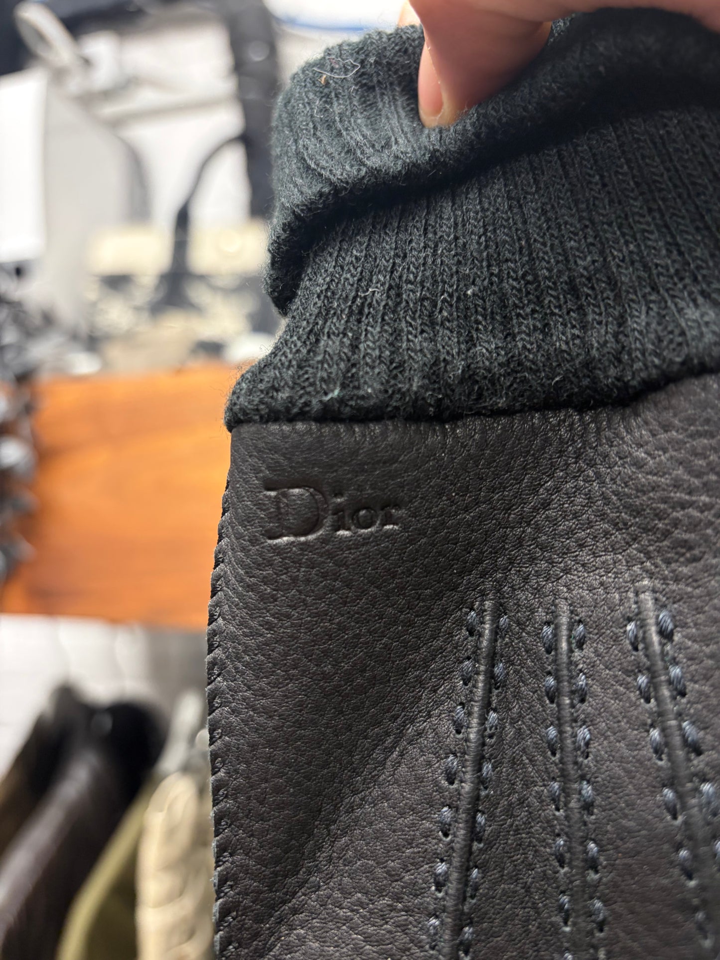 Dior Homme Black ‘Baseball Stitch’ Black Calfskin Leather Gloves with Wool Ribbing
