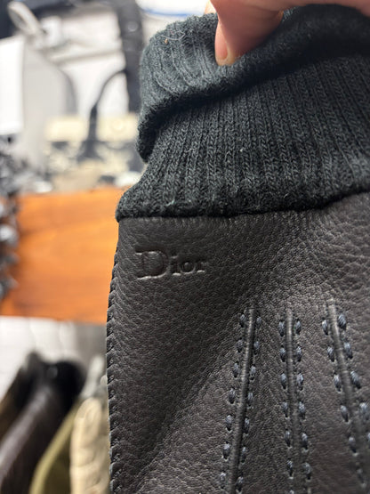 Dior Homme Black ‘Baseball Stitch’ Black Calfskin Leather Gloves with Wool Ribbing