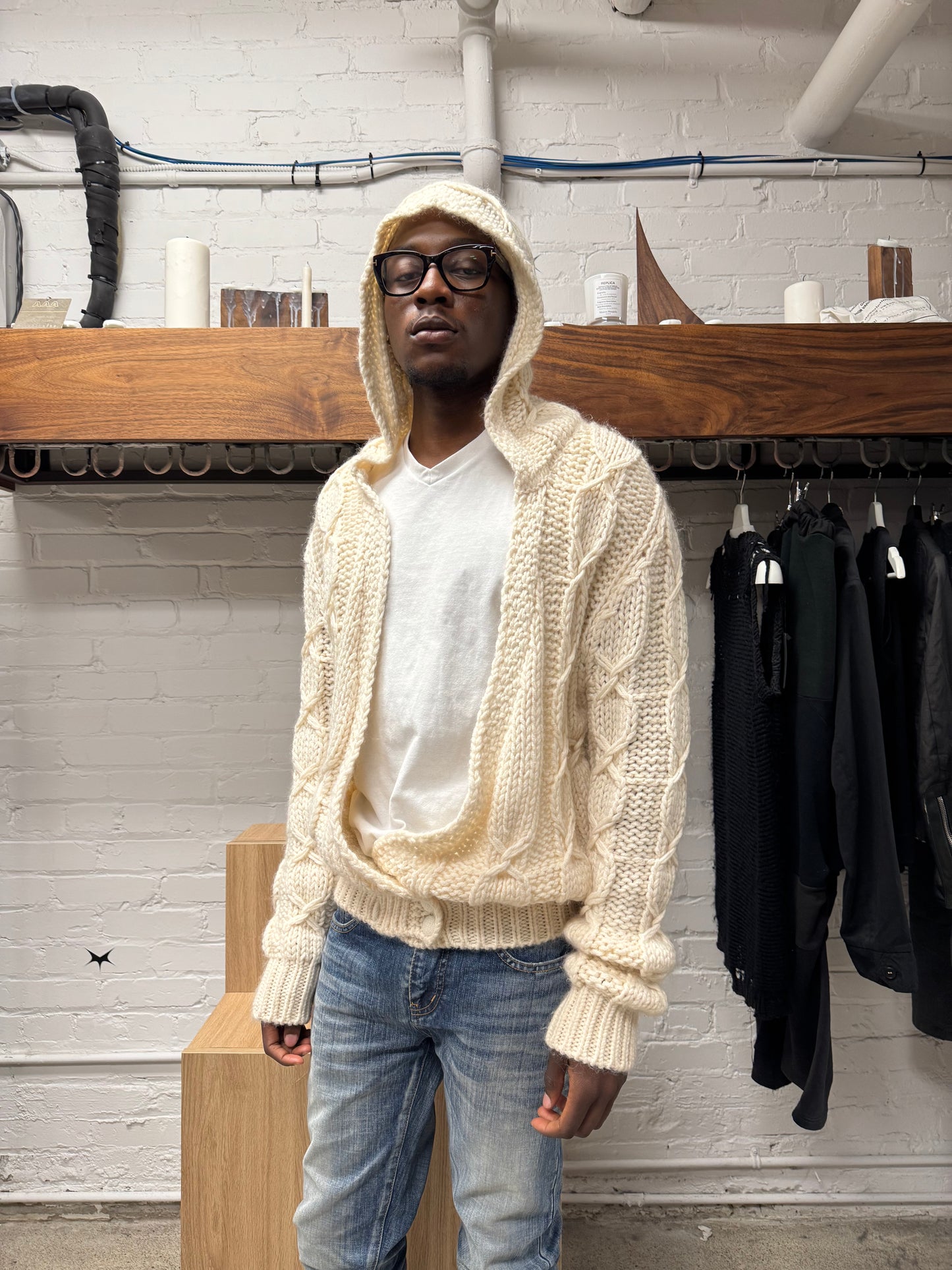 AW2020 Saint Laurent ‘Baja’ Cream Cable Knit Hooded Sweater