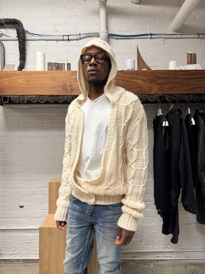 AW2020 Saint Laurent ‘Baja’ Cream Cable Knit Hooded Sweater