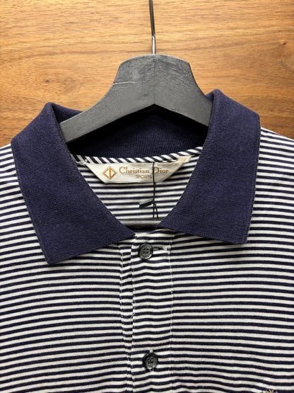 Vintage 1990s Christian Dior Striped Black/White Embroidered ‘Crest Logo’ Polo