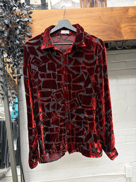 Vintage Gianni Versace Sheer Mesh/Red Velvet Geometric Panelled Button Up Shirt