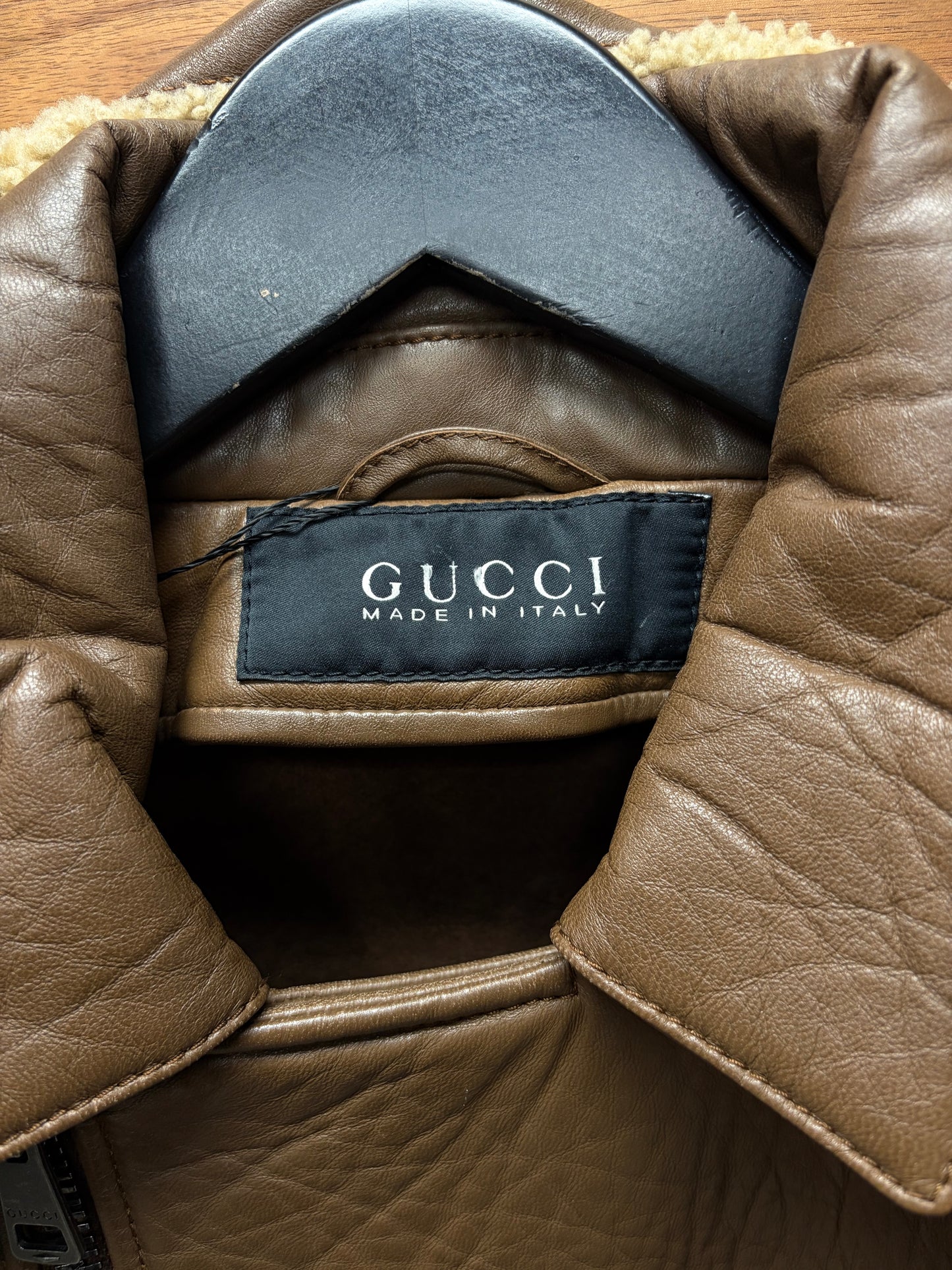 Gucci by Frida Giannini Brown Lambskin ‘Double Collared’ Shearling Trim Biker Jacket