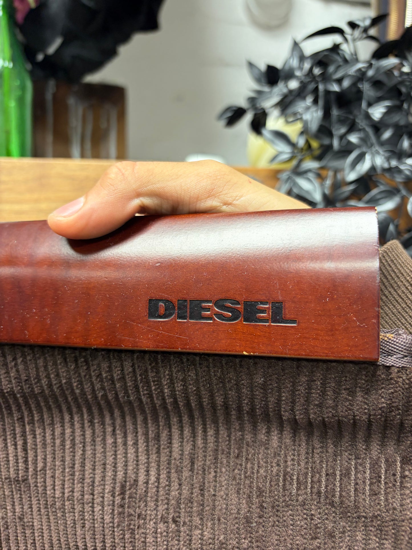 2000s Diesel Square Fold ‘Small Parts’ Corduroy Wood Top Handle Clutch