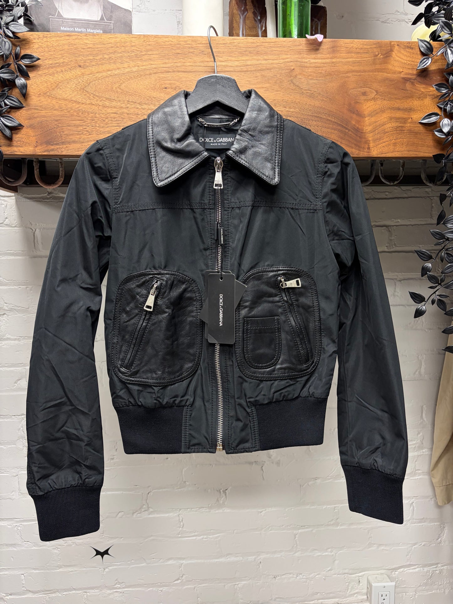 Dolce and Gabbana ‘Mainline’ Black Hybrid Shell Cropped Jacket with Lambskin Accents