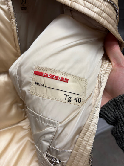 2006 Prada Gold Puffer Vest with Leather Belted Collar and Sheep Fur Trim