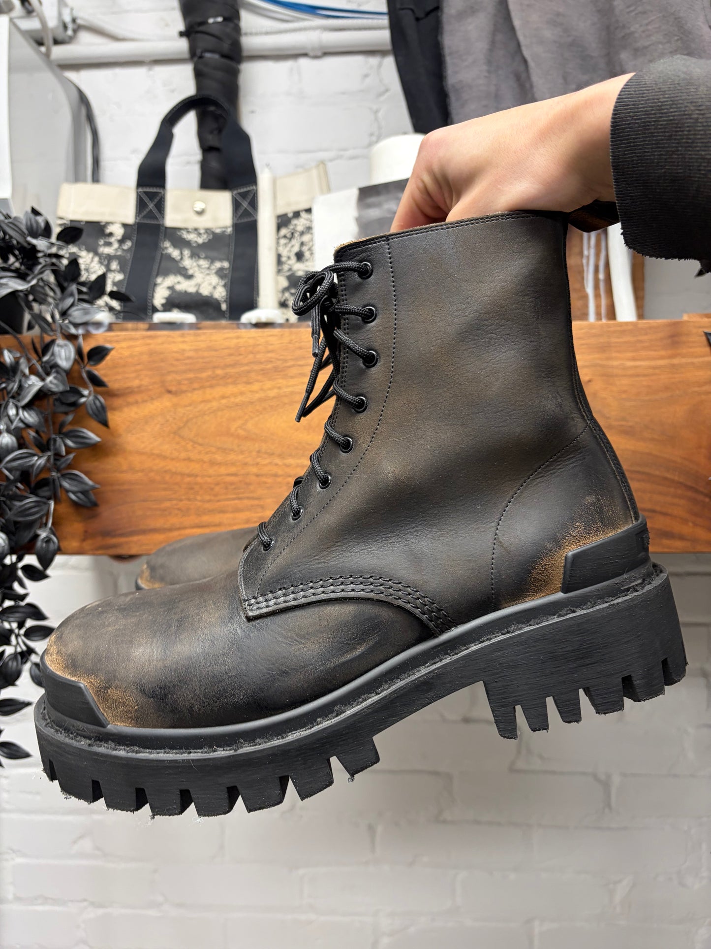 Balenciaga ‘Worn Out’ Distressed Leather ‘Strike’ Combat Boots