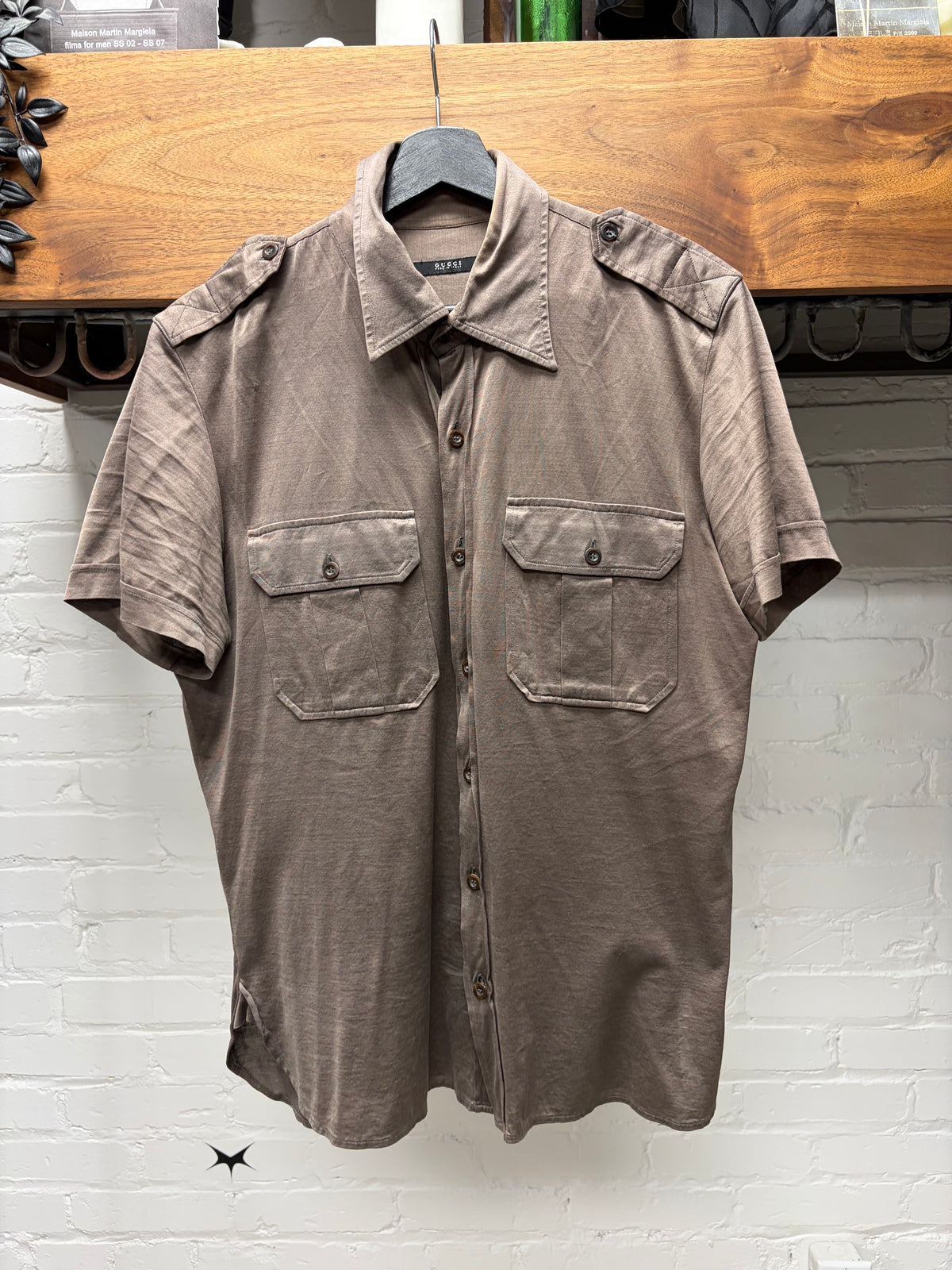 Gucci by Frida Giannini ‘Glossy Cotton’ Brown Military Inspired Button Up Shirt