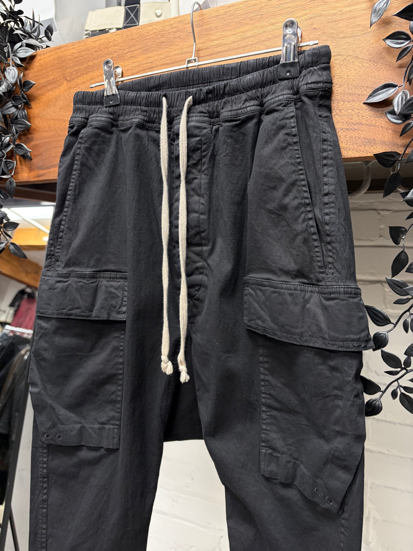 Rick Owens Drop Crotch ‘Pod’ Black Drawstring Cropped Cargo Pants
