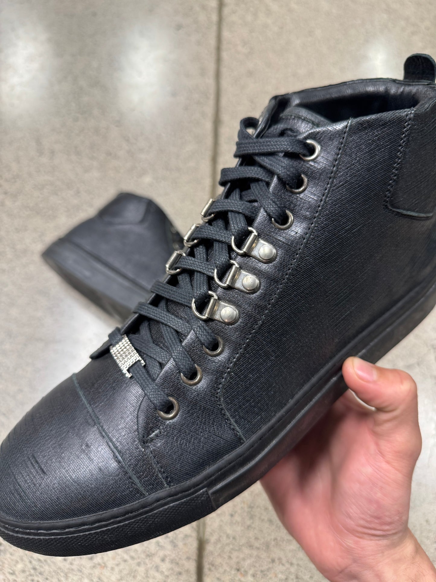 Balenciaga ‘Arena’ Black Leather ‘Hiking Lace’ High Top Sneakers