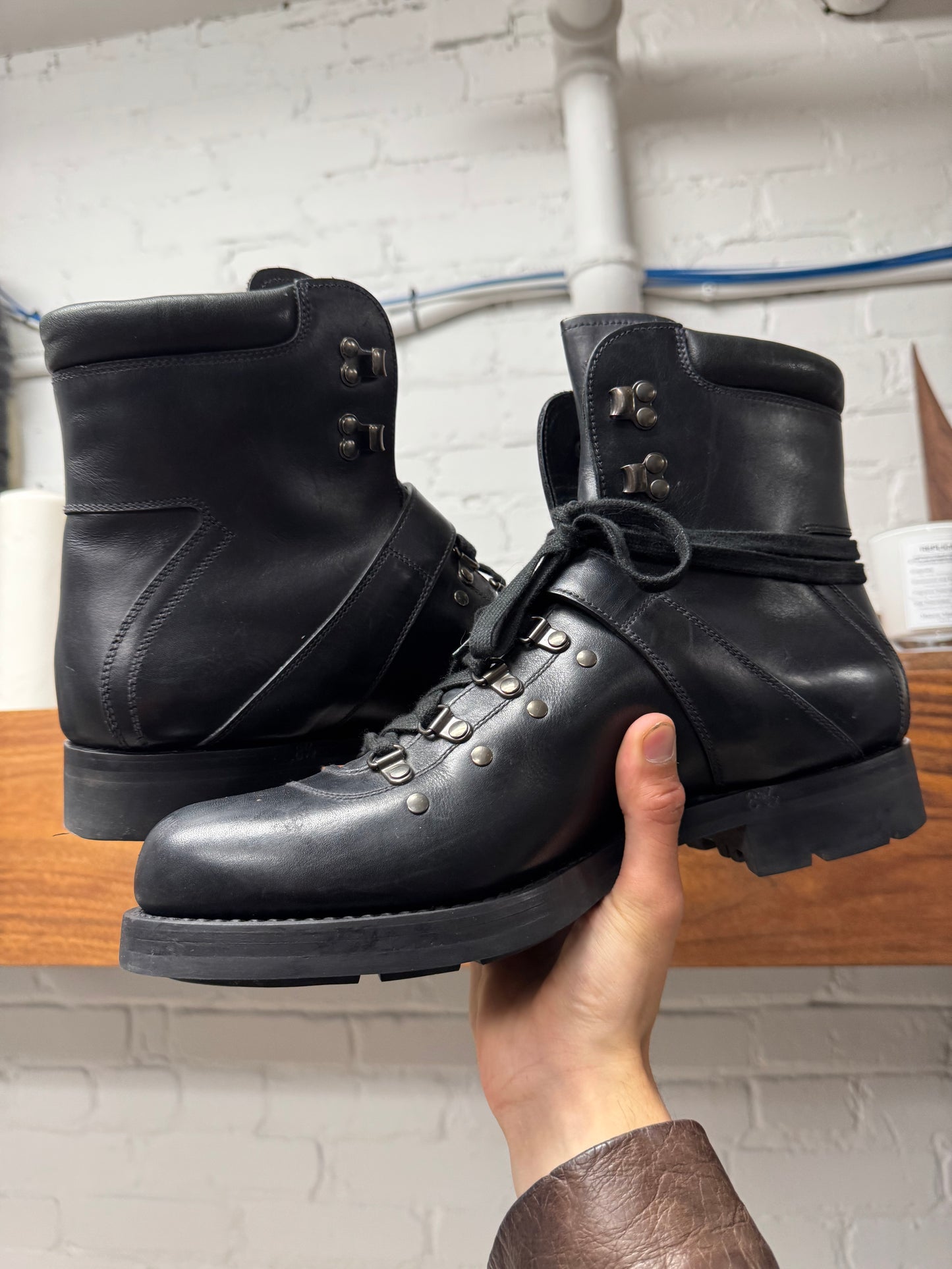 Prada Calfskin Leather ‘Hiking’ Buckle Strap Ankle Boots
